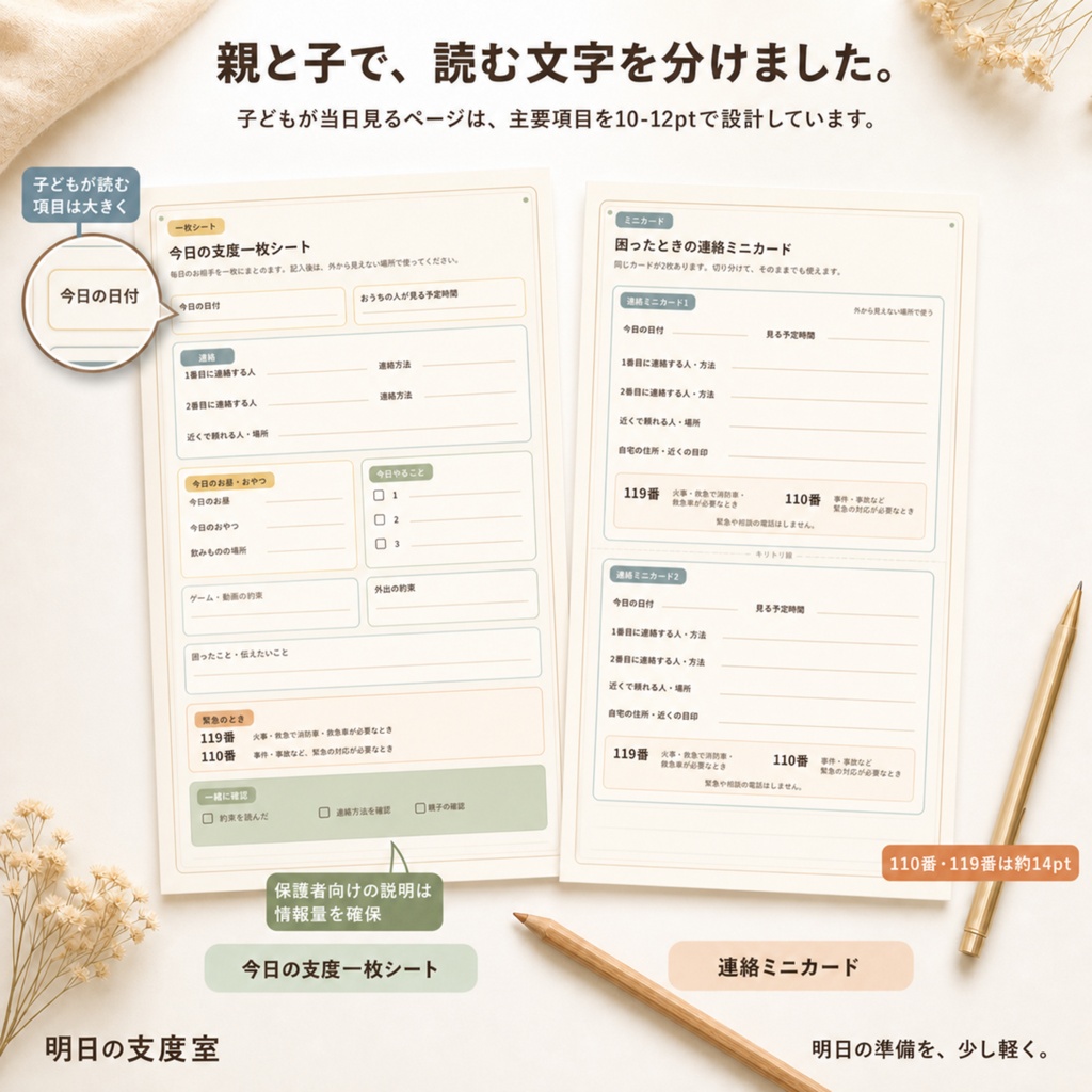 おうちで待つ日の支度シート|親子で確認する留守番ルール・連絡カード・今日の予定