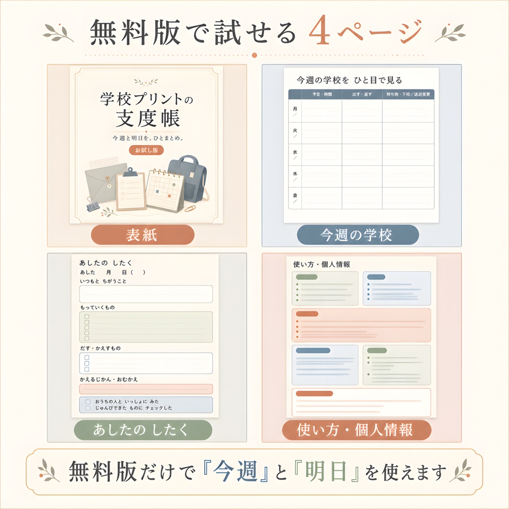 【無料】学校プリントの支度帳おためしPDF|今週の予定・明日の持ち物つき