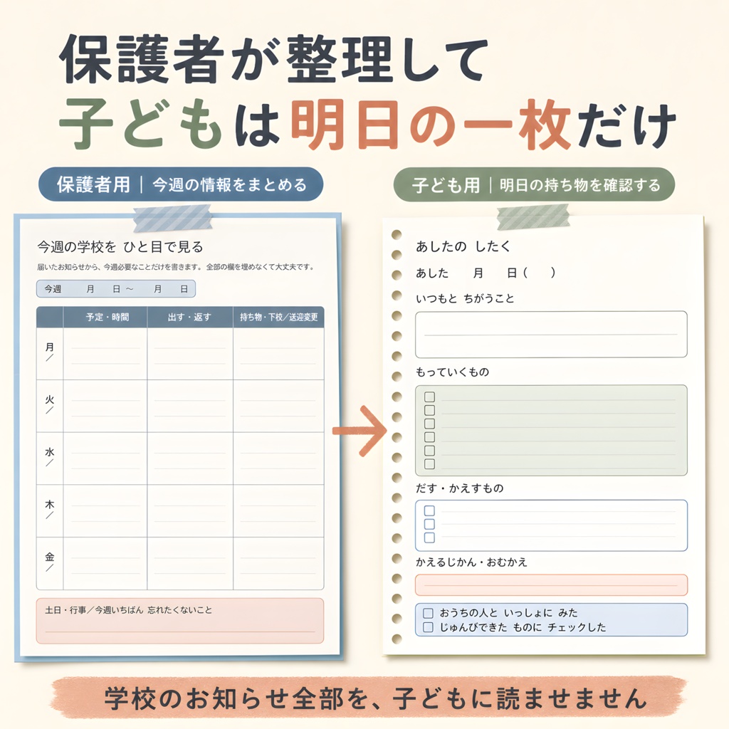 【無料】学校プリントの支度帳おためしPDF|今週の予定・明日の持ち物つき