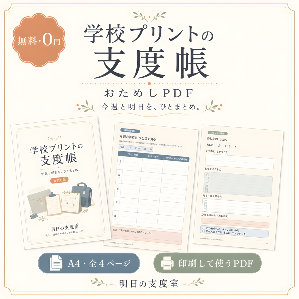 【無料】学校プリントの支度帳おためしPDF|今週の予定・明日の持ち物つき