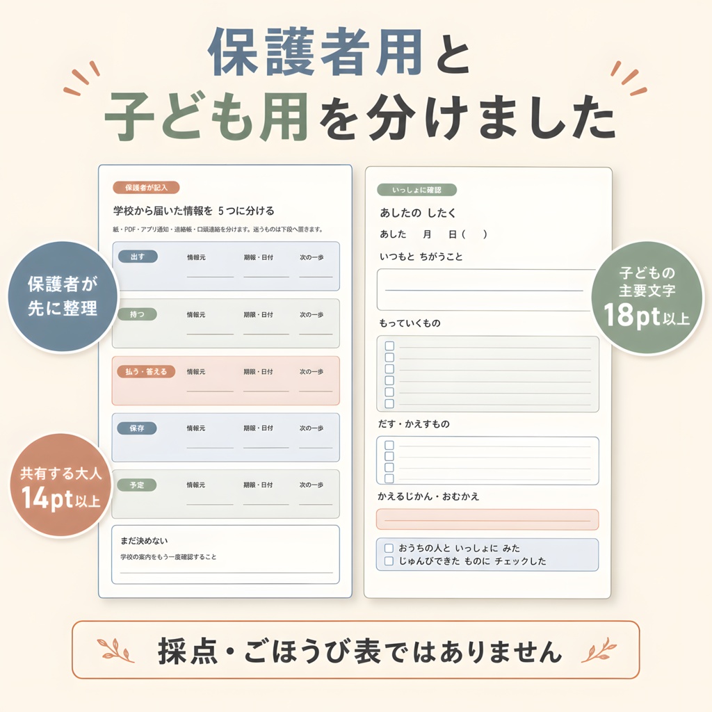 学校プリントの支度帳|提出物・持ち物・行事・前夜準備を家族でまとめる印刷PDF