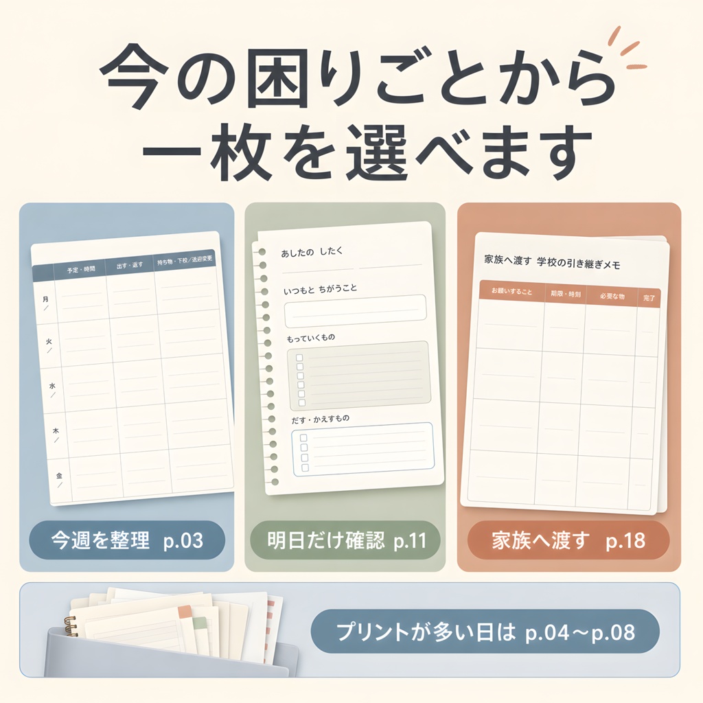 学校プリントの支度帳|提出物・持ち物・行事・前夜準備を家族でまとめる印刷PDF