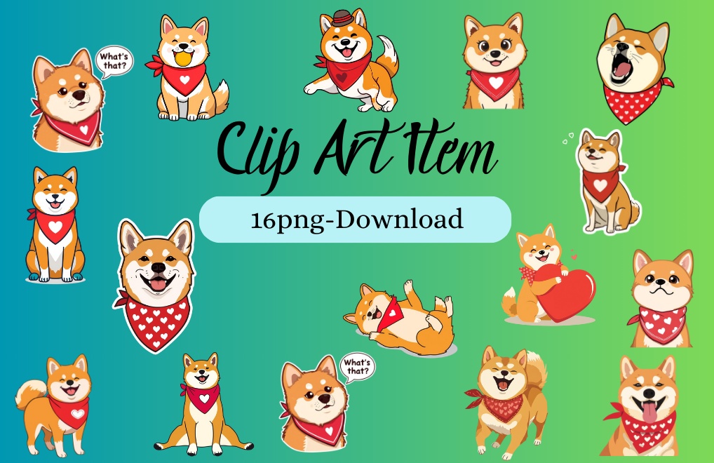 【かわいい柴犬】赤いハートバンダナの柴犬クリップアート16点セット