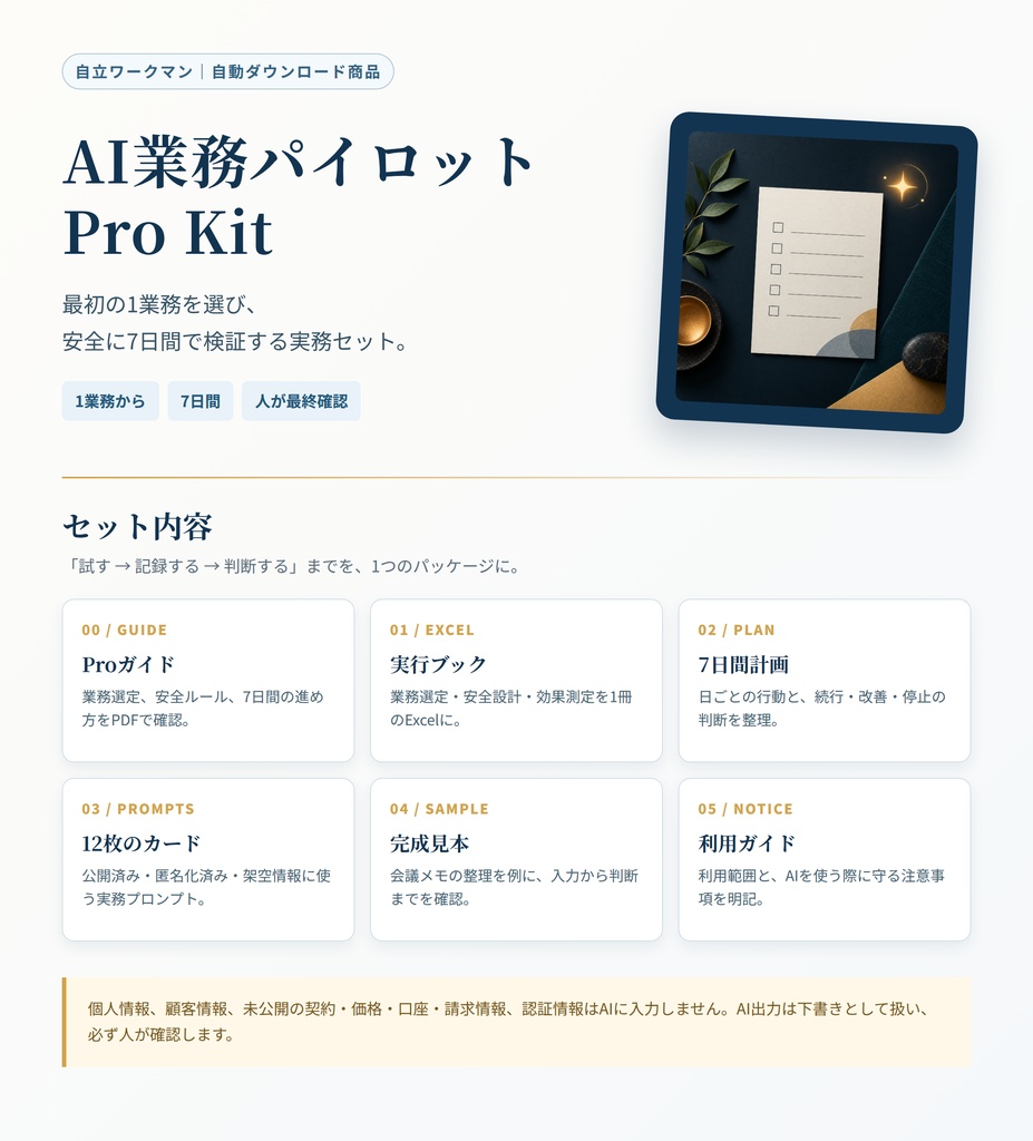 小規模事業者のための AI業務パイロット Pro Kit|7日間で最初の1業務を安全に試す実務セット