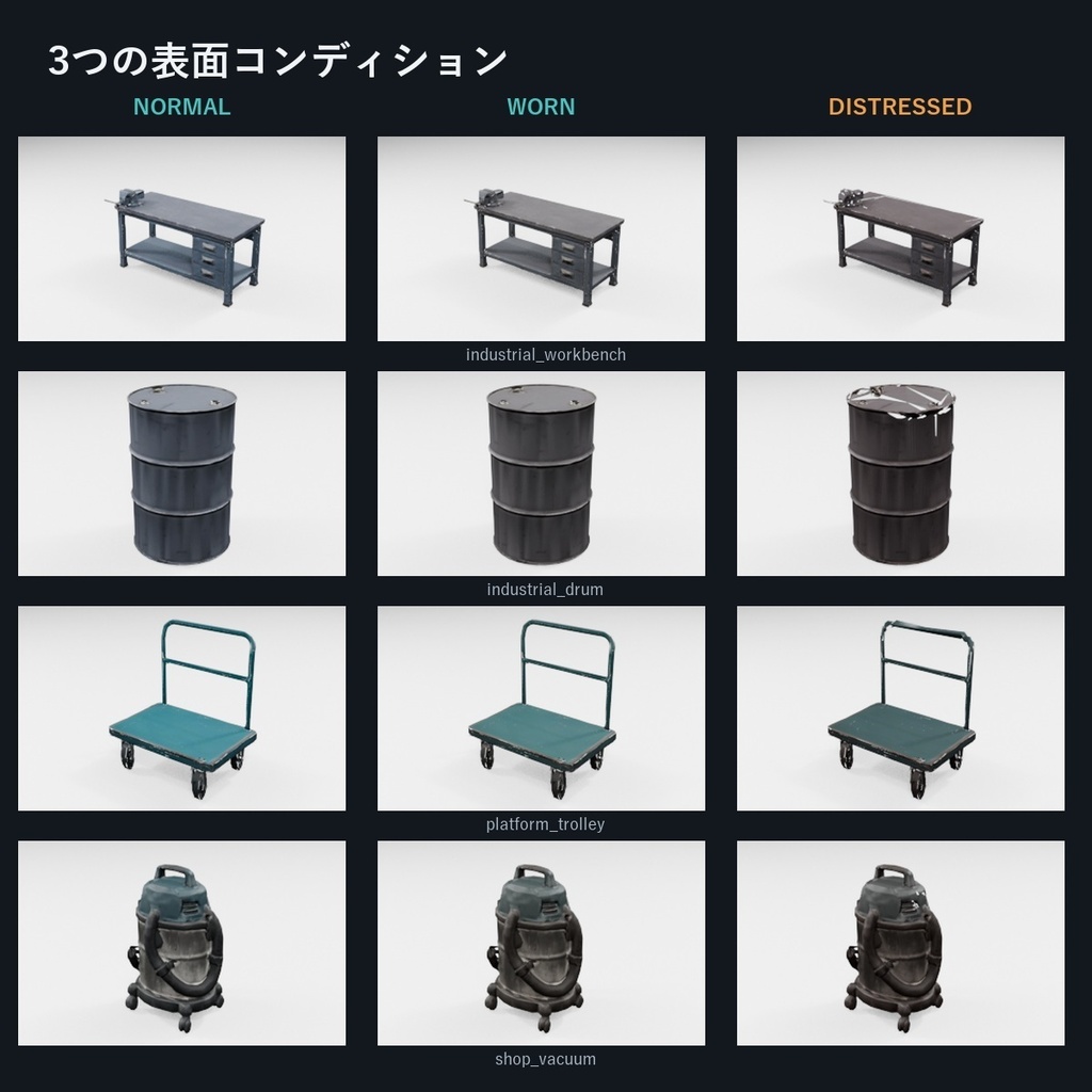 工業・整備工房 ローポリ3D小物 Vol.1【GLB/FBX・11種×3バリエーション】
