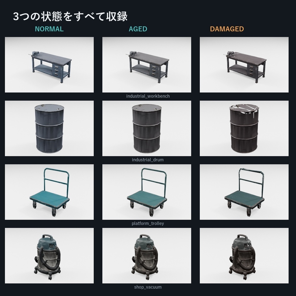 工業・整備工房 ローポリ3D小物 Vol.1【GLB/FBX・11種×3バリエーション】