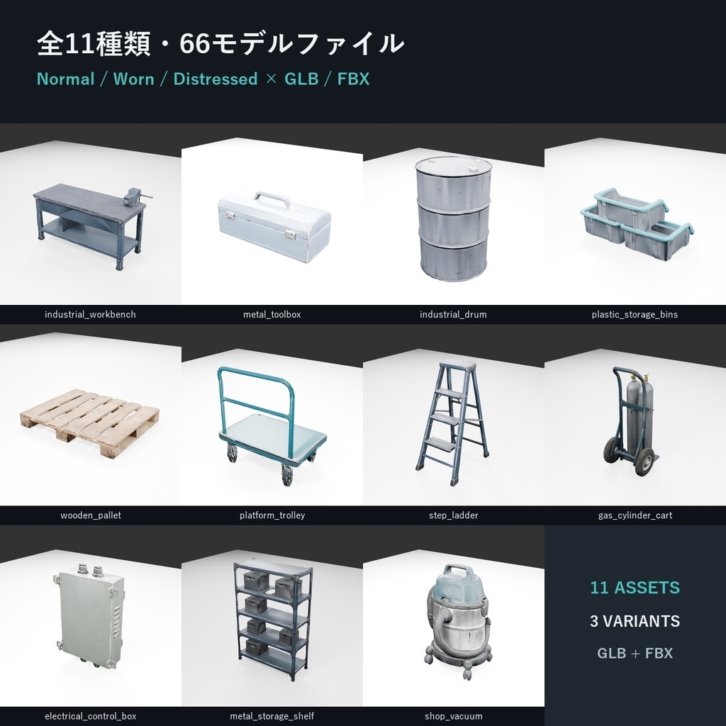 工業・整備工房 ローポリ3D小物 Vol.1【GLB/FBX・11種×3バリエーション】