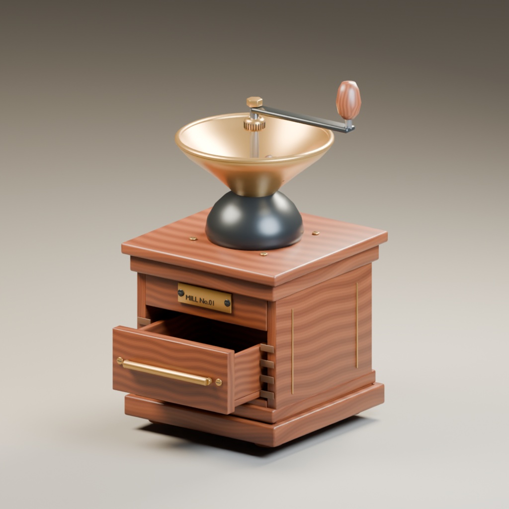 手挽きコーヒーミル|木目・真鍮・可動引き出し|Blender / GLB