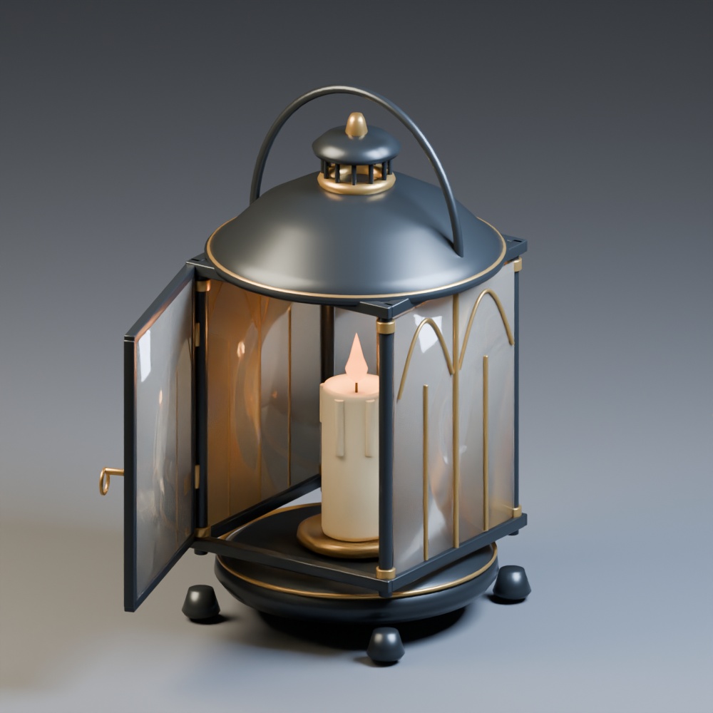 秋夜のゴシックランタン|開閉扉・蝋燭・装飾金具|Blender / GLB