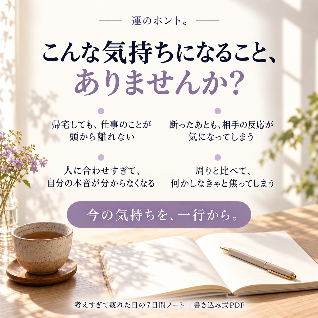【PDF・全14ページ】考えすぎて疲れた日の7日間ノート|記入例つき|運のホント。