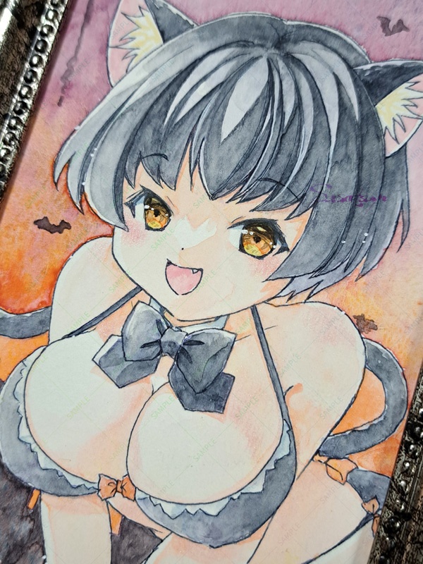 黒猫ちゃんハガキ額原画