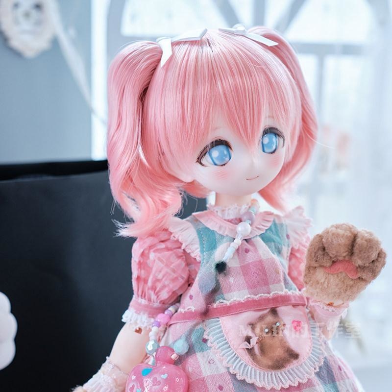 1/3 ピンク短めカール ツインテ ドール用ウィッグ 耐熱