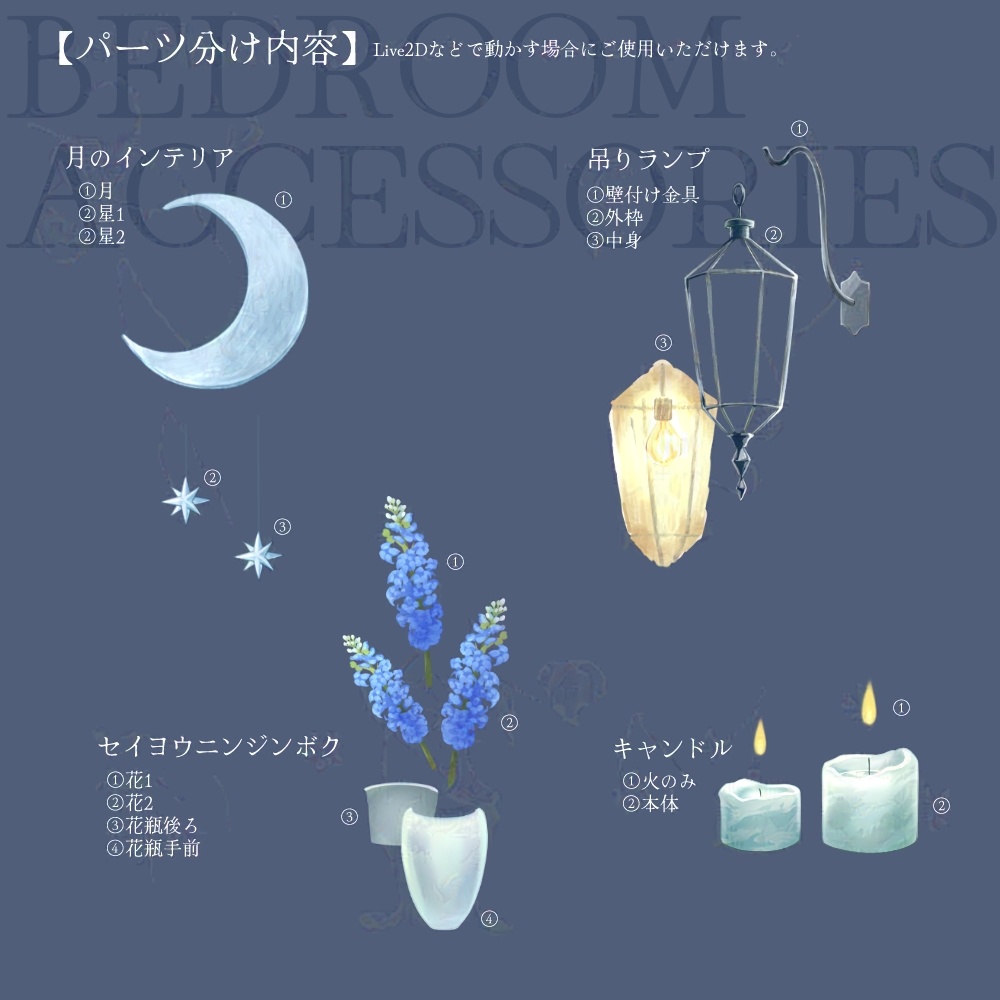 【パーツ分け素材集】ベッドルームの小物・インテリア【全12種】