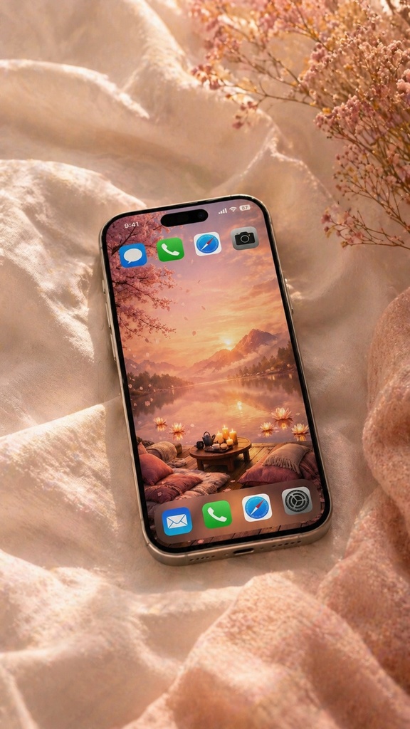 Digital Wallpaper: Peaceful Sakura Lakeside & Tea Time (Smartphone Background)