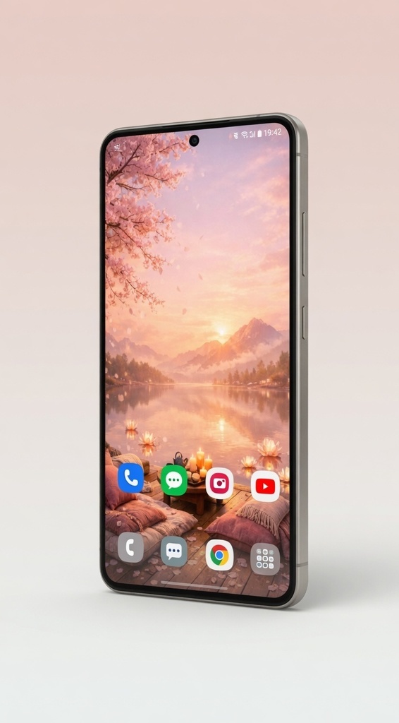 Digital Wallpaper: Peaceful Sakura Lakeside & Tea Time (Smartphone Background)