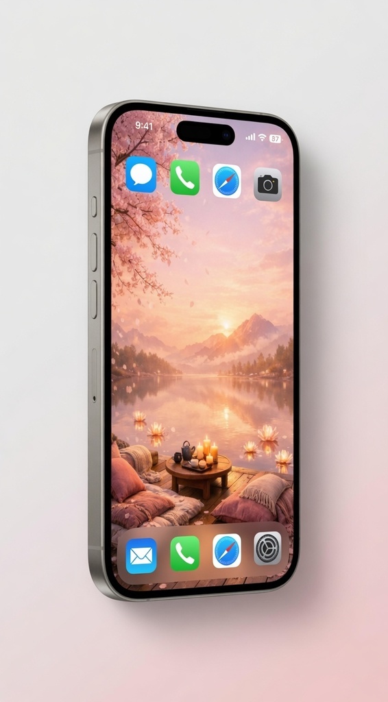 Digital Wallpaper: Peaceful Sakura Lakeside & Tea Time (Smartphone Background)