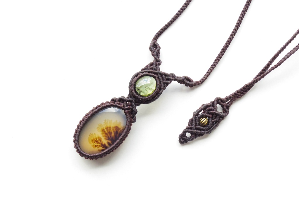 デンドリックアゲートとトルマリンのマクラメネックレス 「Dactylifera」