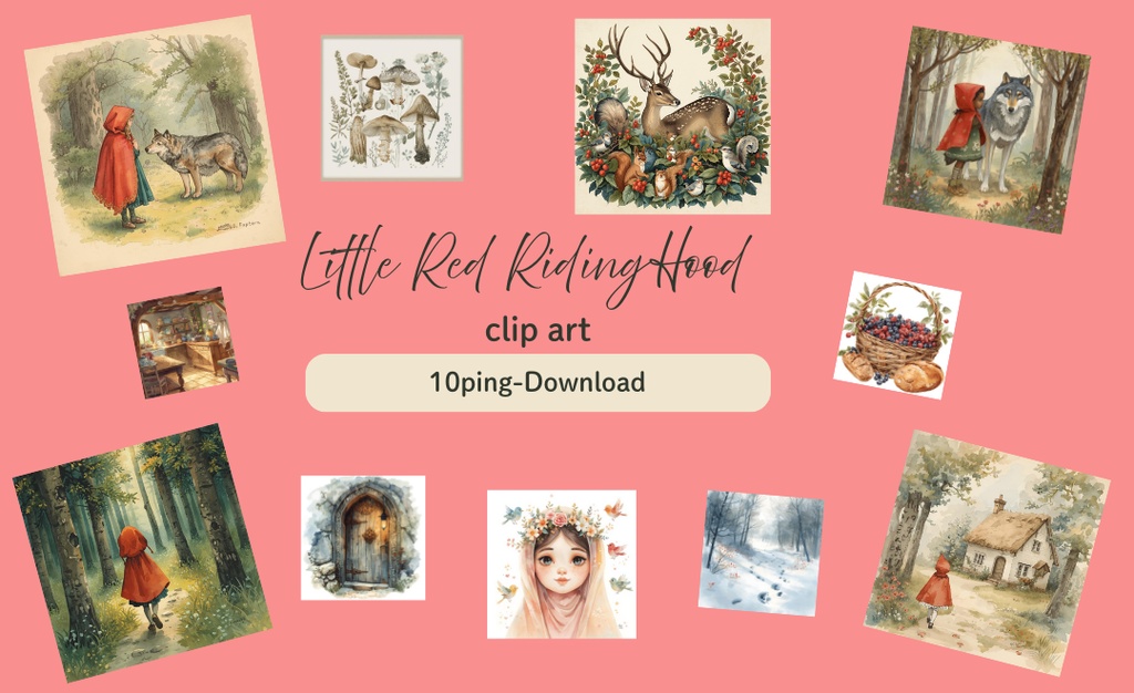 北欧アンティーク水彩クリップアート「赤ずきんの森」シリーズ（PNG形式）