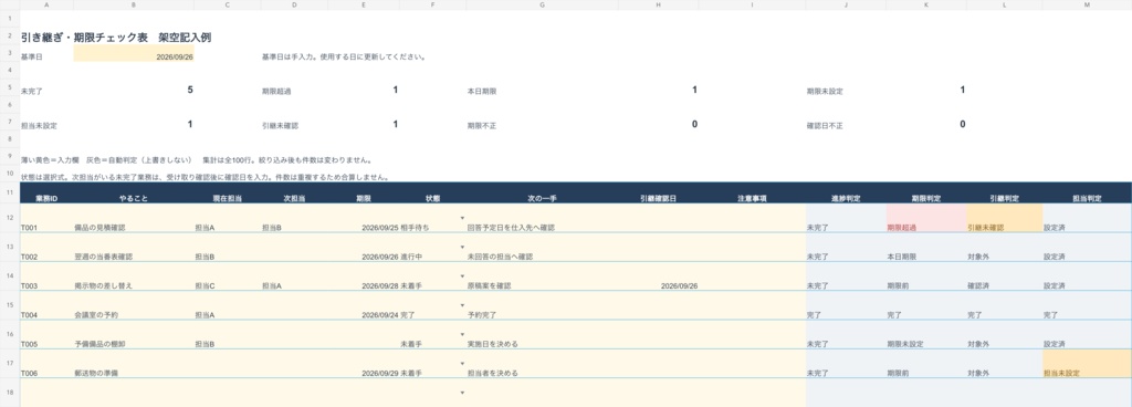 引き継ぎ・期限チェック表｜次の担当と未完了を確認するExcel