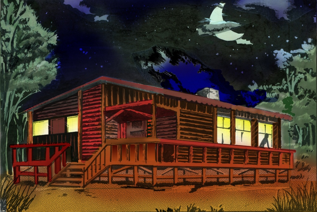 夜のログハウス　漫画背景素材カラー