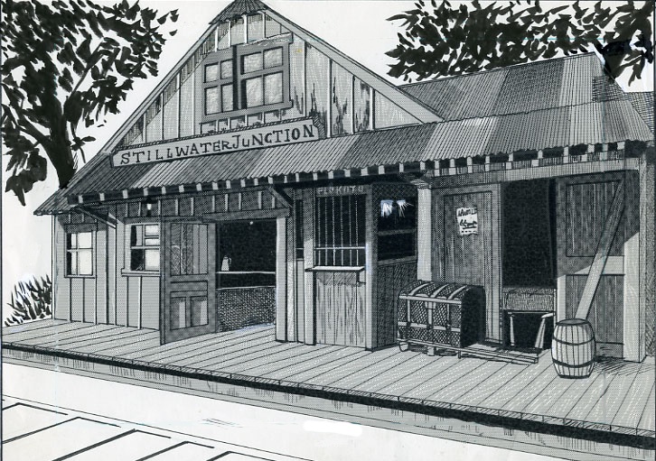 ウエスタンな建物　漫画背景素材　モノクロ