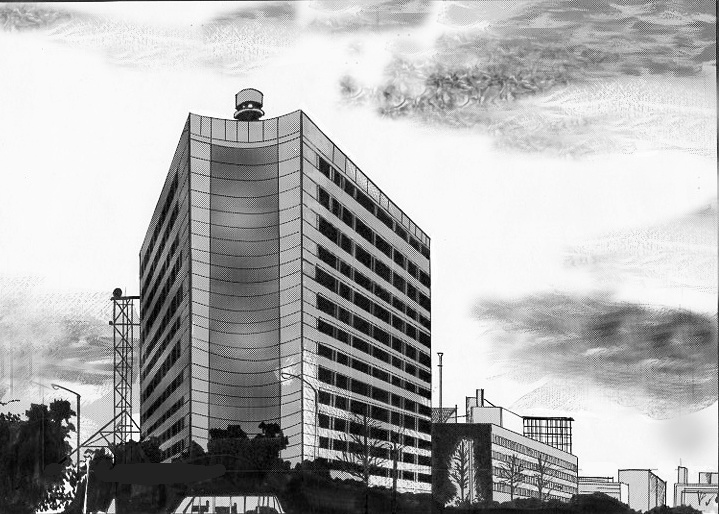 漫画背景素材　建物　モノクロ