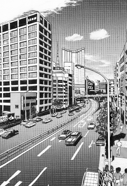 ビル　大通り　漫画背景素材