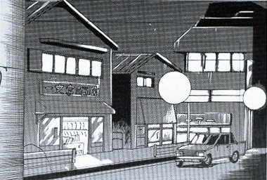 夜の町　漫画背景素材　モノクロ