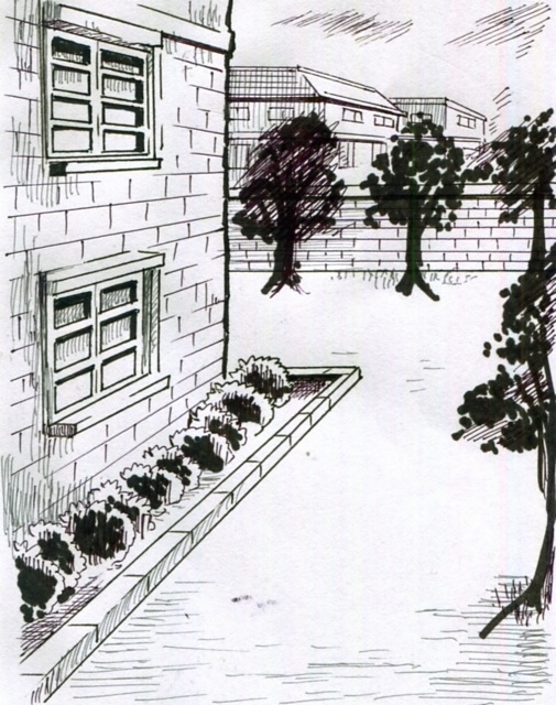 校舎裏　漫画背景素材　モノクロ