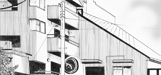 漫画背景素材　建物の一部　モノクロ