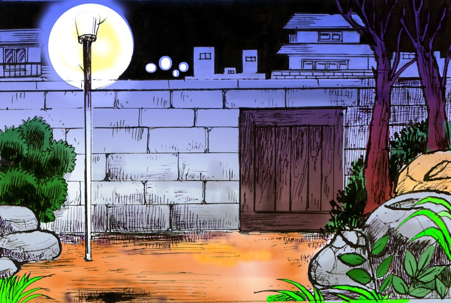 漫画　ゲーム　イラスト背景素材　夜の勝手口　庭先　カラー
