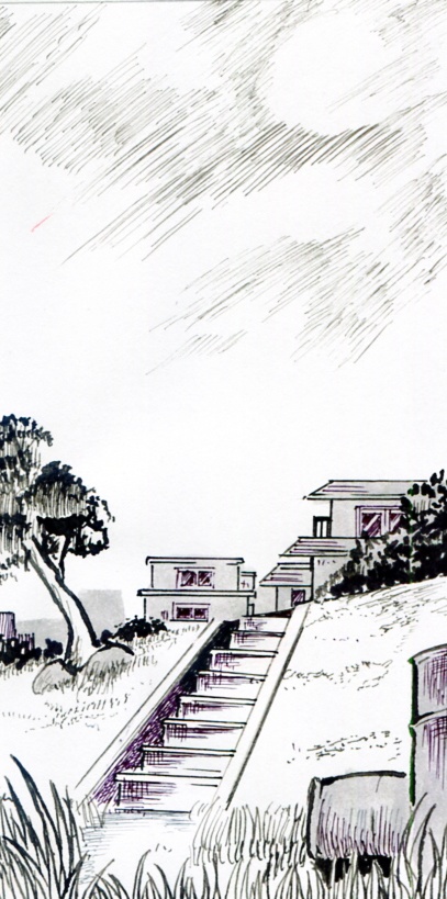 階段のある草むら　漫画背景素材　モノクロ
