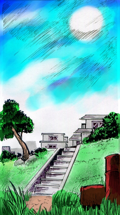 階段のある草むら　カラー　漫画背景素材