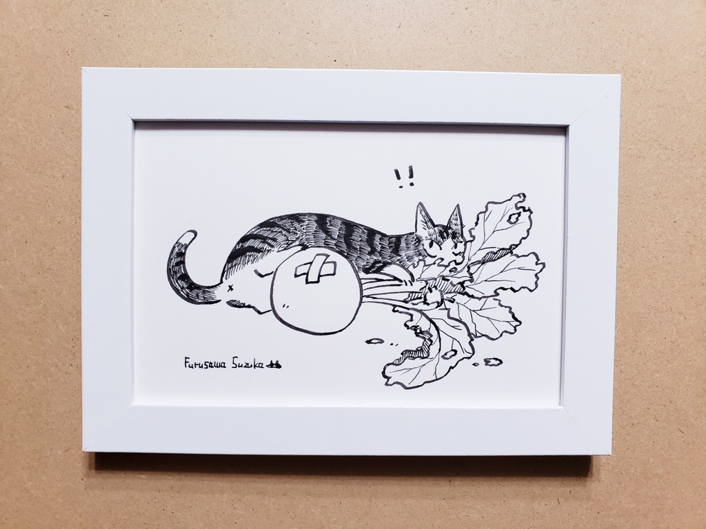 はがきサイズ原画【カブと猫の図】