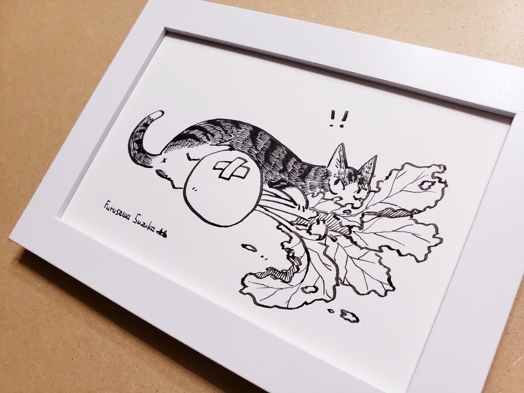 はがきサイズ原画【カブと猫の図】