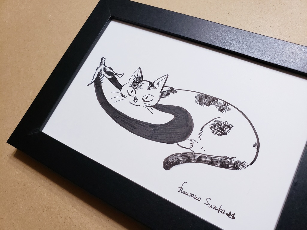 はがきサイズ原画【ナスと猫の図】