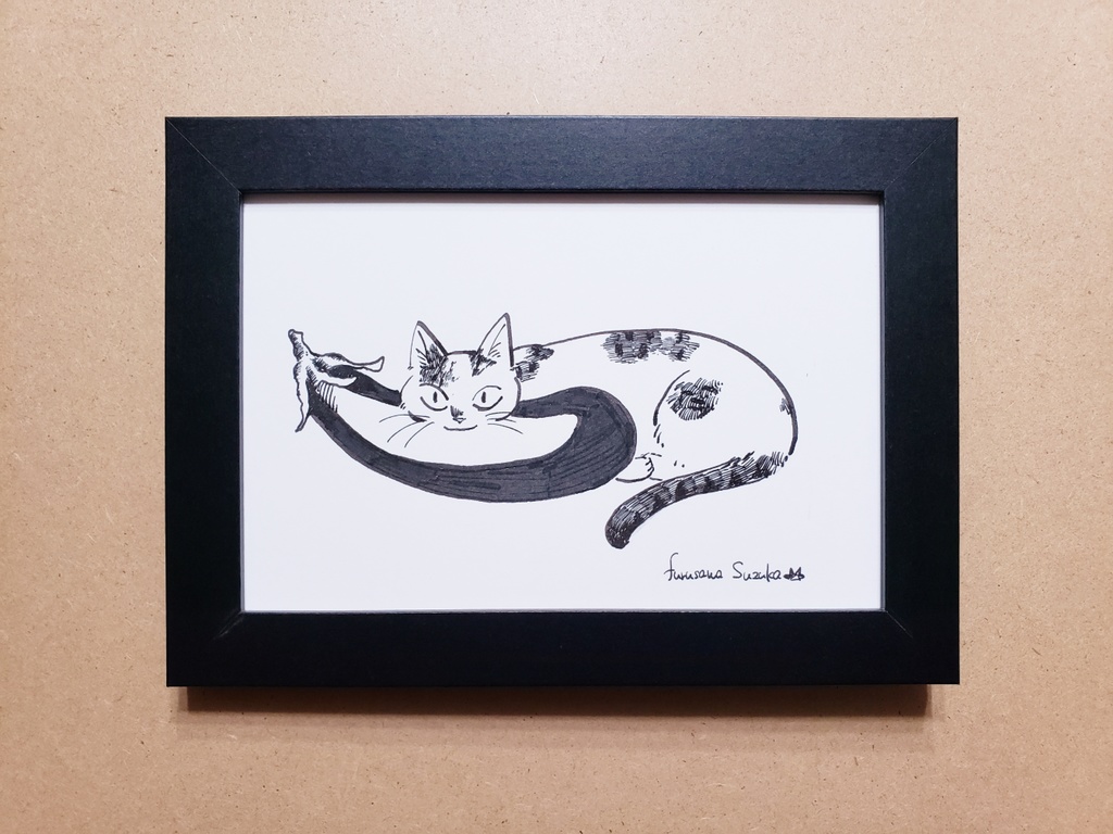 はがきサイズ原画【ナスと猫の図】