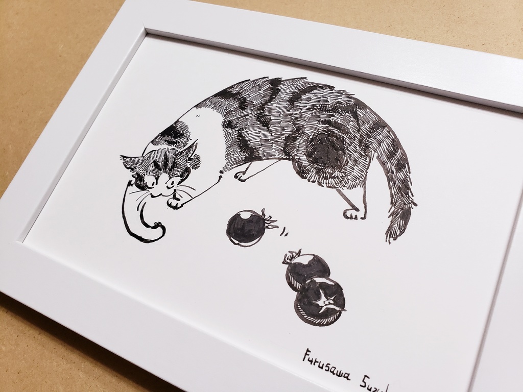 はがきサイズ原画【ミニトマトと猫の図】