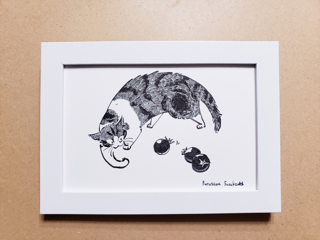 はがきサイズ原画【ミニトマトと猫の図】