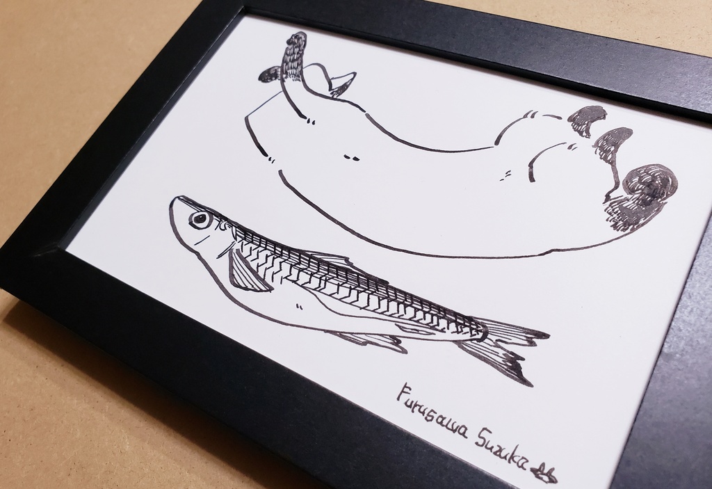 はがきサイズ原画【サカナと猫の図】