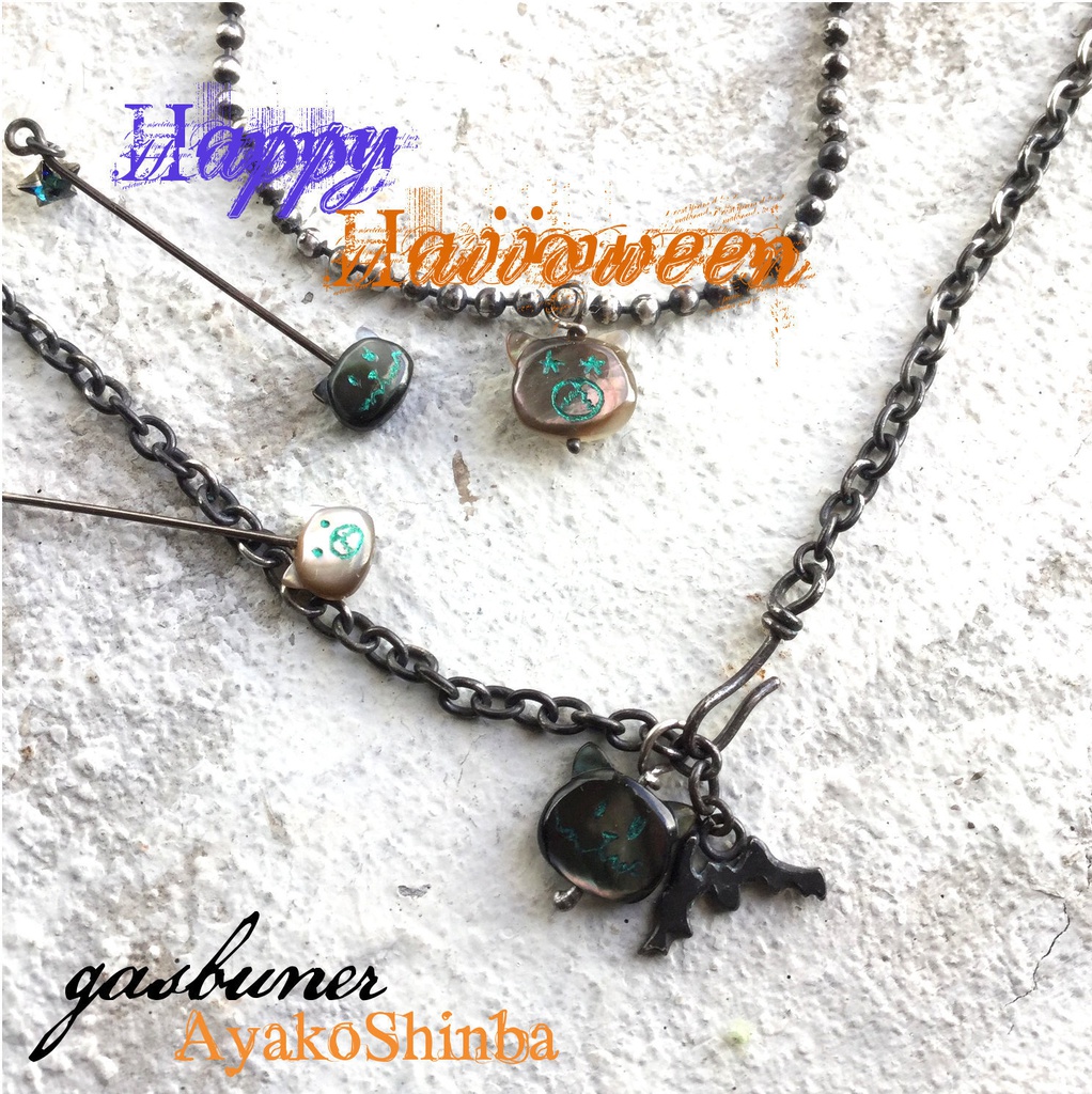 ハロウィンネコちゃん ネックレス 蝙蝠付き