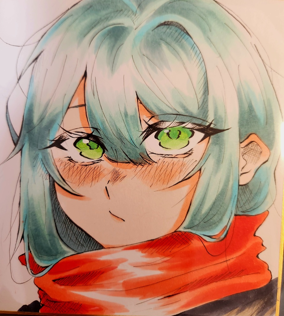 可愛いイラスト色紙 グリーンの瞳の少女×赤マフラー 手描き風アニメ風アート