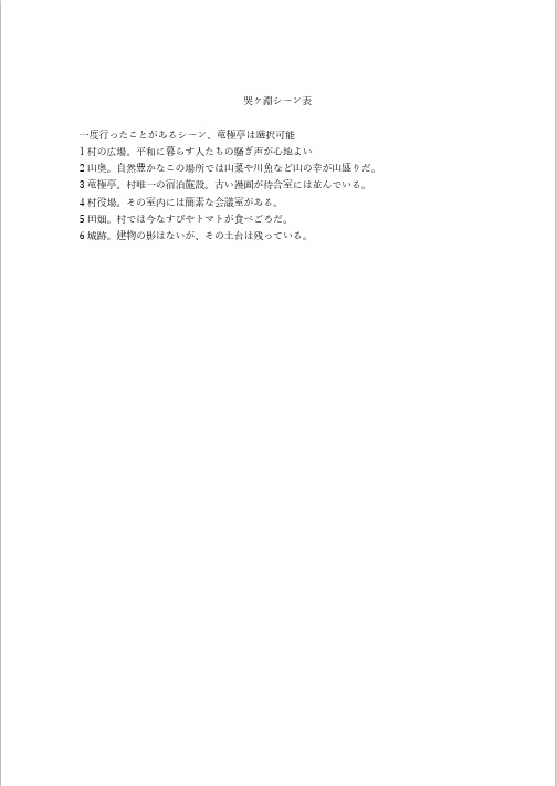 『神提灯記～神の陣～』掲載シナリオ「哭ヶ淵村」シーン表