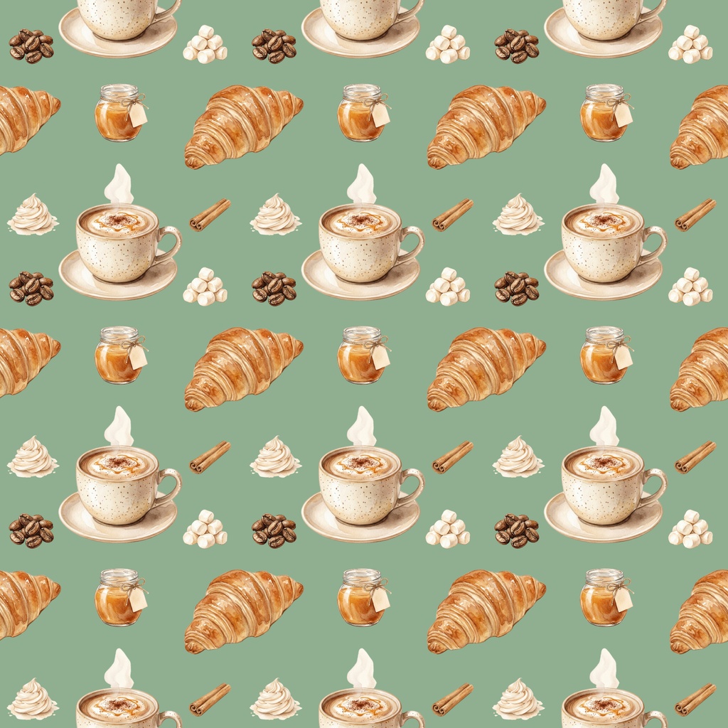 ほっと一息カフェタイム(コーヒー、クロワッサン柄)/シームレス・デジタルペーパー4枚セット / 背景素材・ラッピング・デジタル手帳・壁紙
