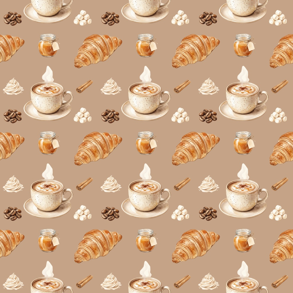ほっと一息カフェタイム(コーヒー、クロワッサン柄)/シームレス・デジタルペーパー4枚セット / 背景素材・ラッピング・デジタル手帳・壁紙
