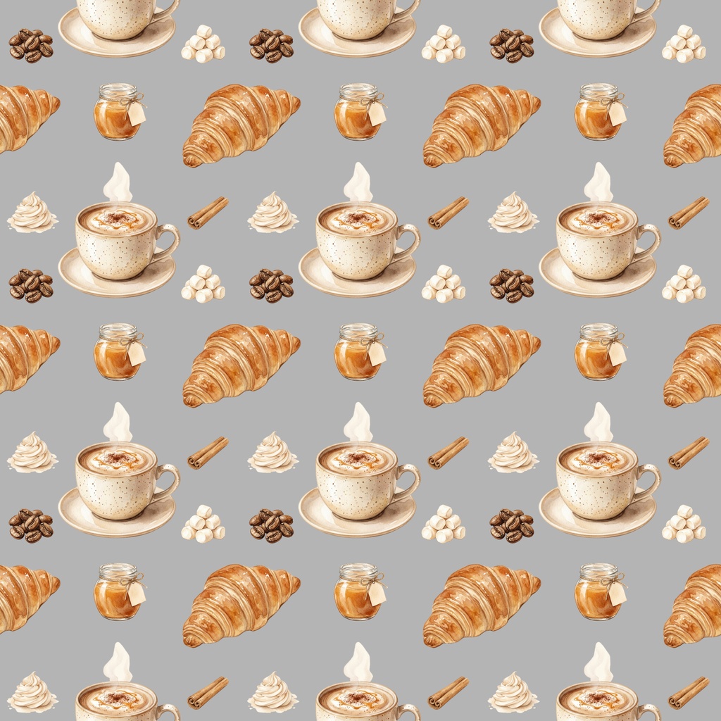 ほっと一息カフェタイム(コーヒー、クロワッサン柄)/シームレス・デジタルペーパー4枚セット / 背景素材・ラッピング・デジタル手帳・壁紙