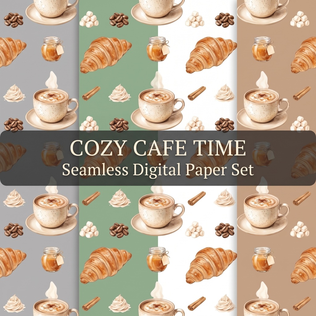 ほっと一息カフェタイム（コーヒー、クロワッサン柄）／シームレス・デジタルペーパー４枚セット ／ 背景素材・ラッピング・デジタル手帳・壁紙