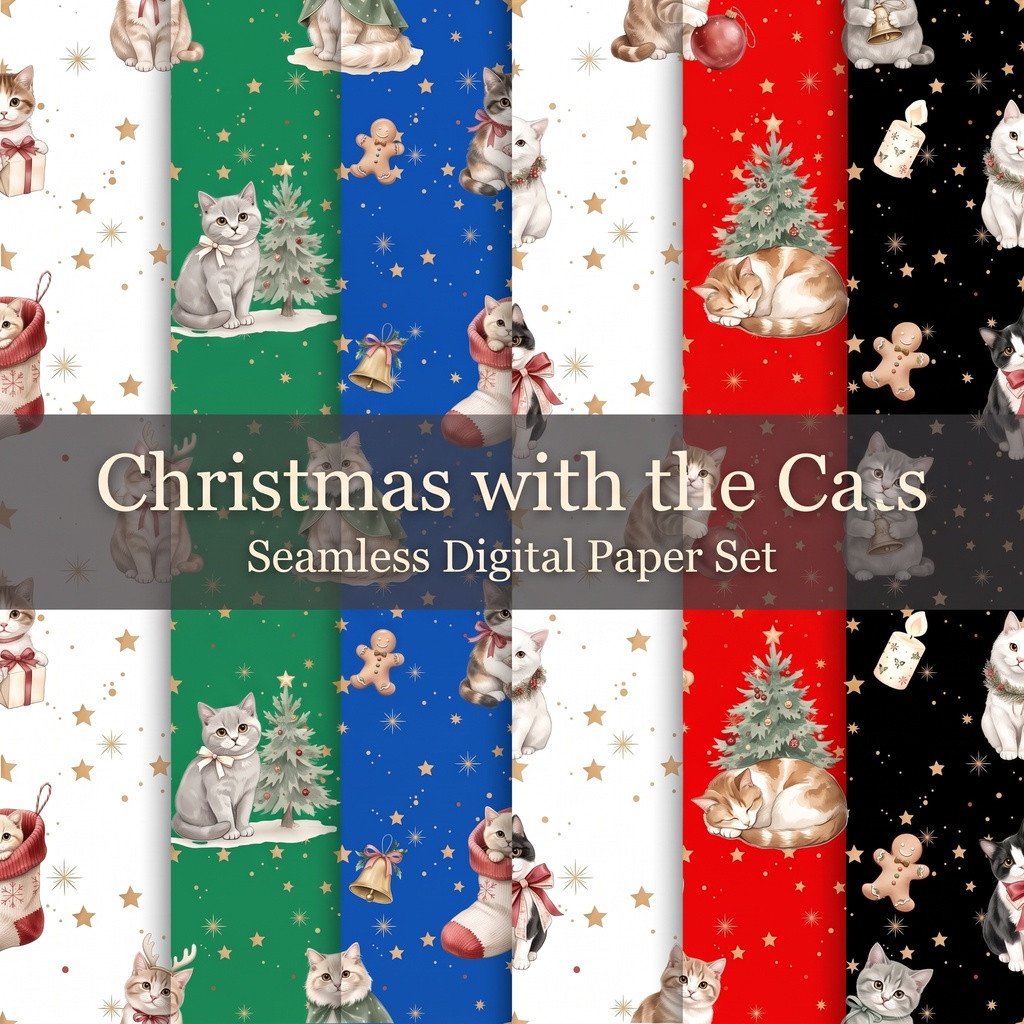 猫たちと過ごす楽しいクリスマス／シームレス・デジタルペーパー６枚セット ／ 背景素材・ラッピング・デジタル手帳・壁紙