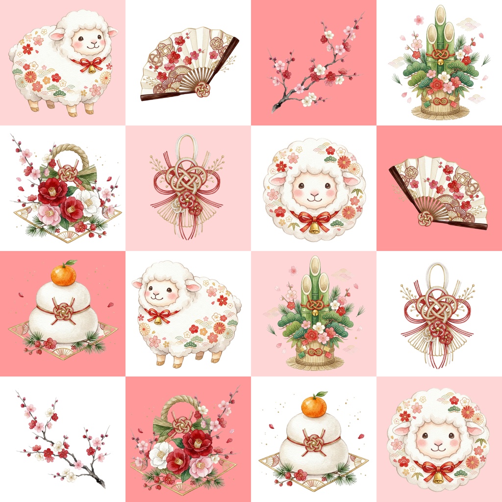 【お正月・干支】ふわふわひつじと華やか迎春/シームレス・デジタルペーパー5枚セット / 背景素材・ラッピング・デジタル手帳・壁紙