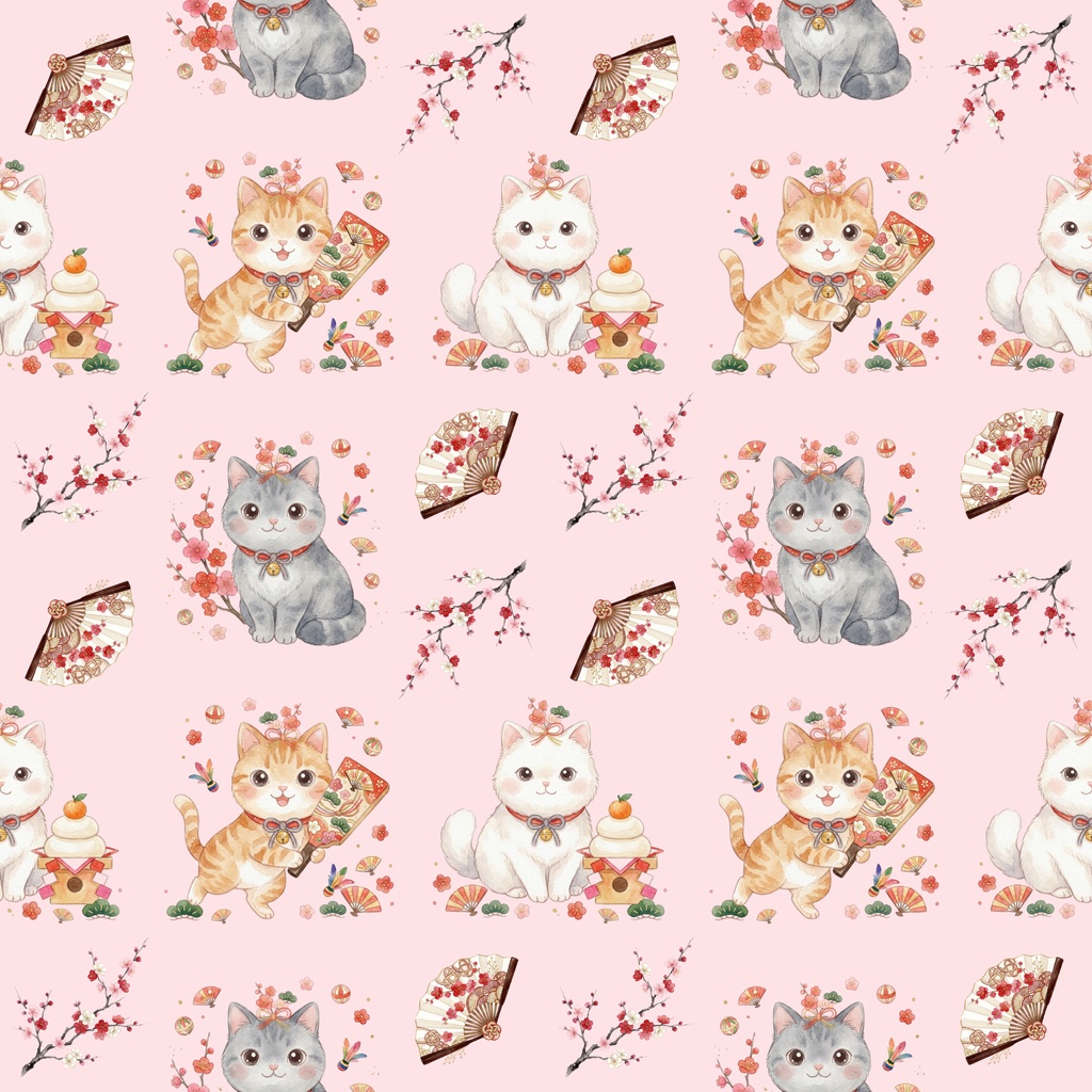 かわいい猫たちとお正月の縁起物/シームレス・デジタルペーパー6枚セット / 背景素材・ラッピング・デジタル手帳・壁紙
